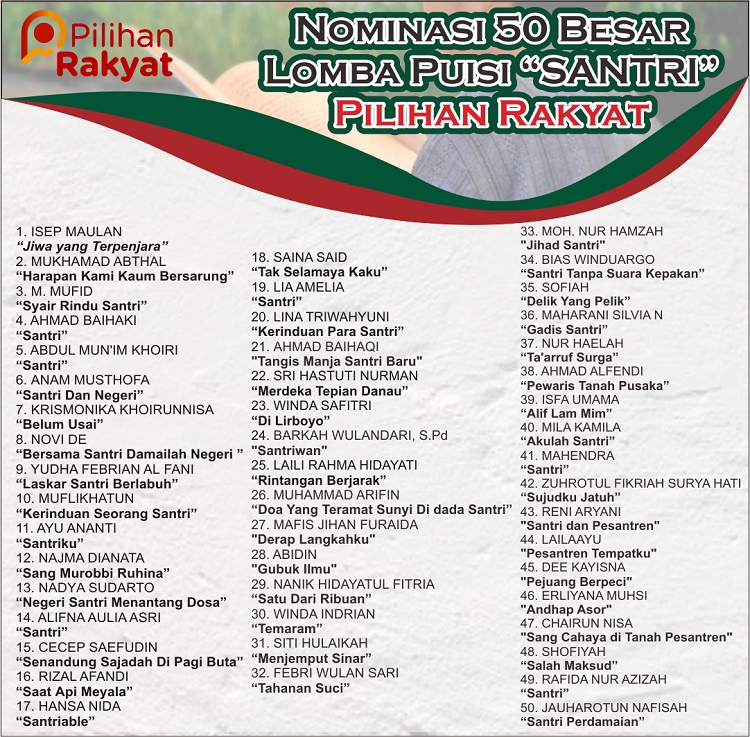 Nominasi 50 Besar Lomba Cipta Puisi "Santri", (Foto: pilihanrakyat.id)